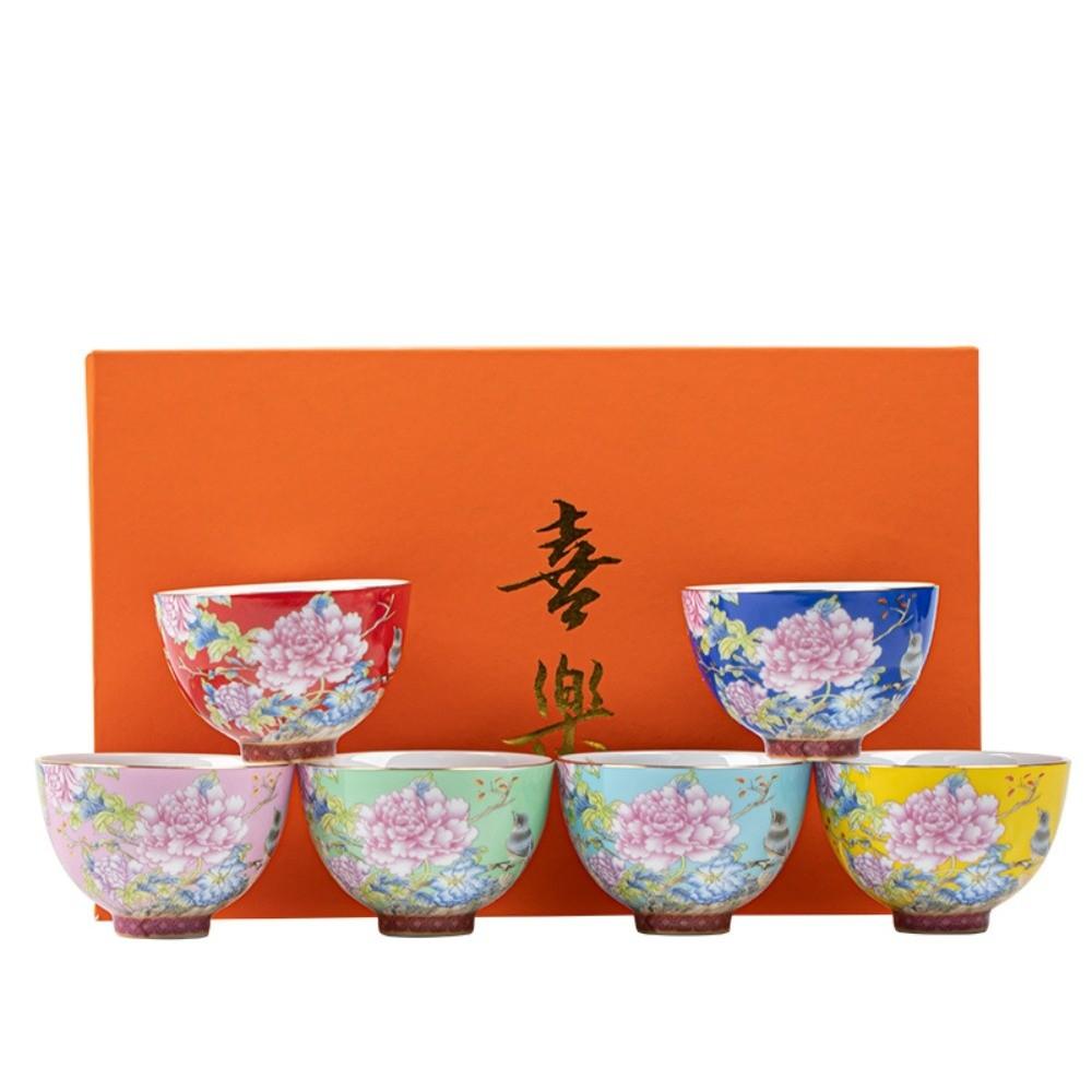 6pcs/set Flower Ceramic Cup Chinese Style Enamel Cup Kung Fu Tea Set Tea Cup  Personal Use