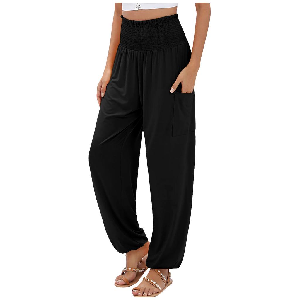 Summer Women's Pant Elasticated High Waist Wide Leg Casual Trousers