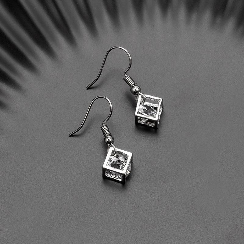 Korean Zircon Square Earrings: Fashionable, Fresh, Three-Dimensional Diamond-Inlaid Short Drop Studs