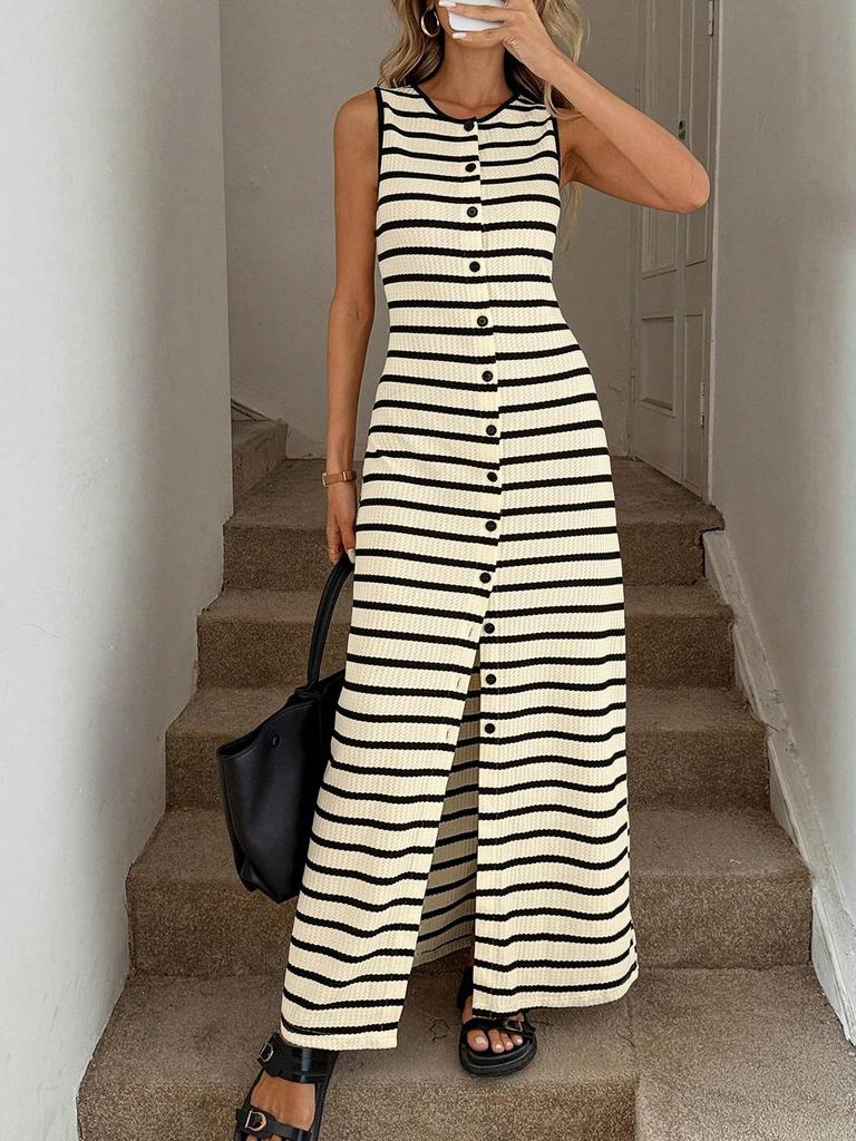 French Striped Sleeveless Knitted Dress Women's Summer Senior Design Sense Niche Small Casual Style Vest Skirt