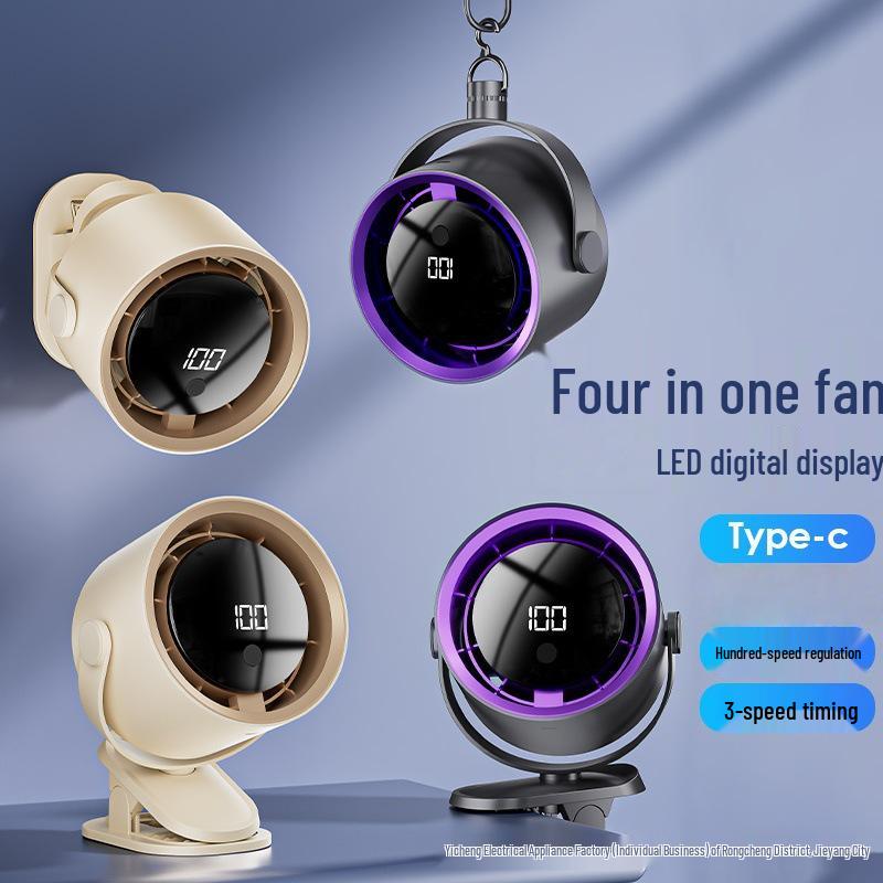 Rechargeable Mini USB Clip-on Desktop Fan with Digital Display for Home, Office, and Dorm.