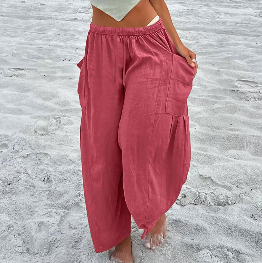 Damen Plus Size Leinenhose mit weitem Bein, mittlere Taille, Sommer-Baggy-Hose