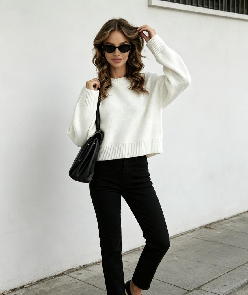 Foreign Trade Hot-selling Round Neck Solid Color Simple Temperament Versatile Loose Short Sweater Women's European and American Casual Knitted 