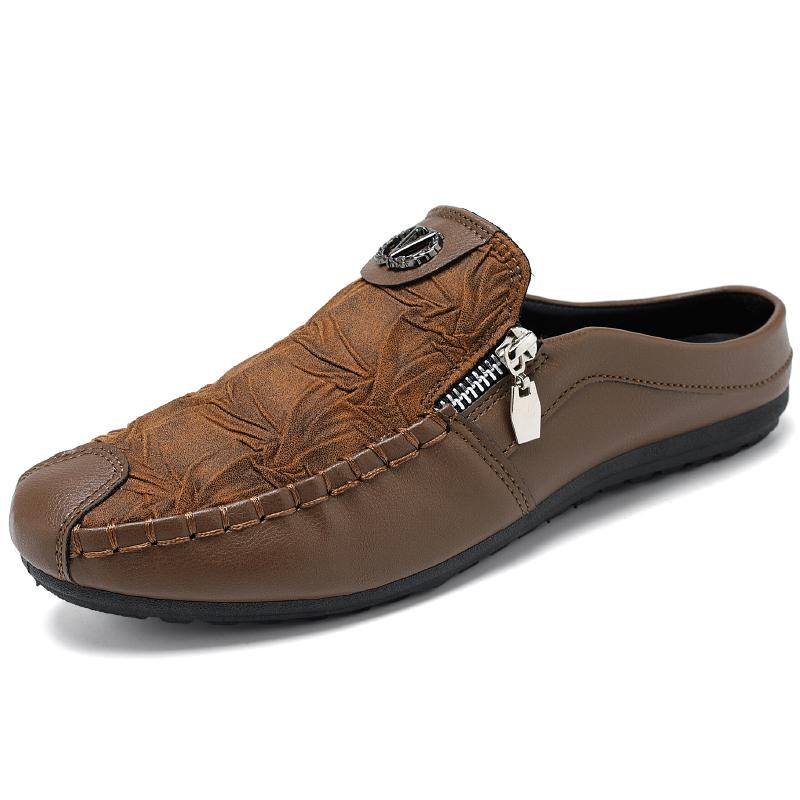 

2025 Summer Half Shoes for Men Mules Male Slides Leather Semi-Drag Casual Shoes Backless Flat Loafers Slippers Driving Shoes 39