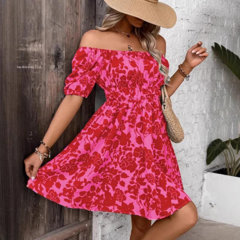 Mode Sommer Bedrucktes Lässiges Schulterfreies Kleid Kurzärmlig Locker Lässig Schlichtes A-Linien Party Kurzkleid Slim Fit Elegant Urlaubskleidung
