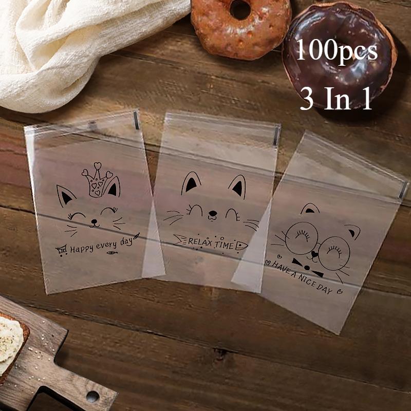 

100PCS Transparent Self-adhesive Candy Gift Bags Cute Bunny Cat Bear Animal Bread Toast Cookies Baking Packaging Bag Supplies 100pcs(15*18cm)