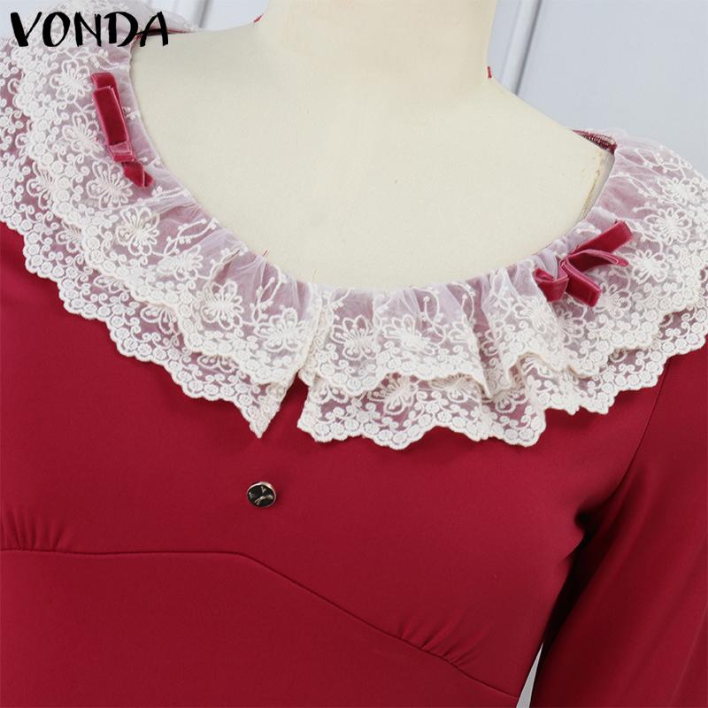 VONDA Women Autumn Lace Round Neck Long Sleeve Dresses