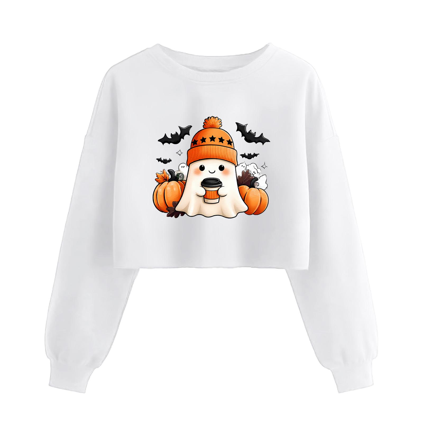 

Женский модный пуловер с длинным рукавом и принтом на Хэллоуин, открывающий живот XL белый