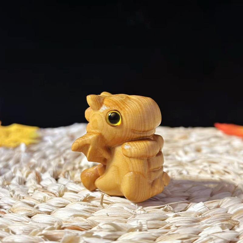 Cute Dragon Statue 1.69" Cliff Cypress Wood Carving Small Dinosaur Animal Figures Handicrafts Book Nook Home Decor Birthday Gift