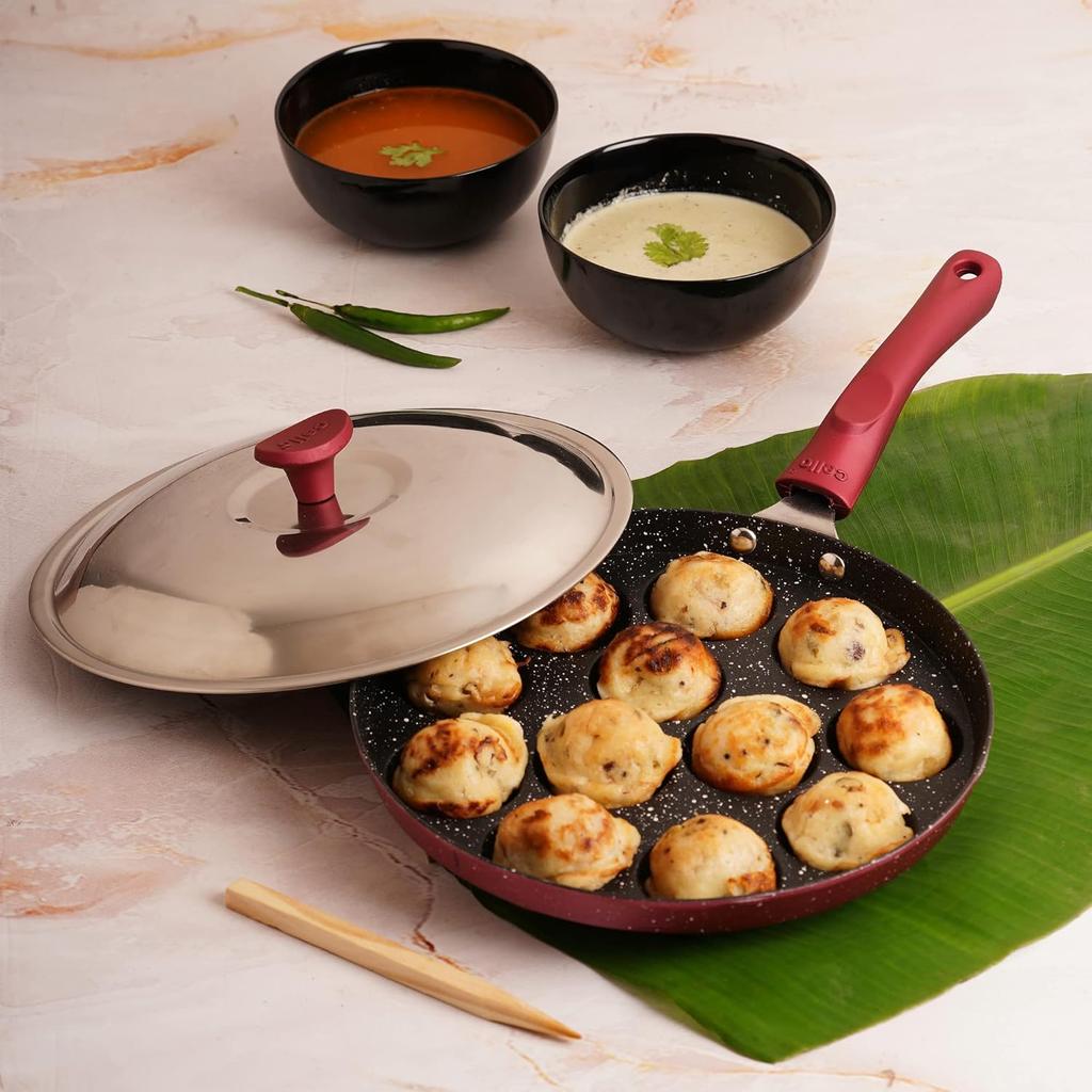 Cello Non Stick 12 Cavity Appam Maker Pan For Healthy Cooking With Easy Grip Handle And Sleek Maroon Finish For Compact Kitchen Style