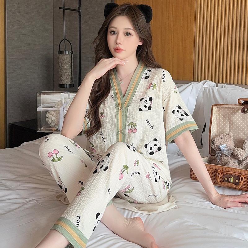 Summer Thin Bubble Cotton Yarn Cartoon Panda Soft V-neck Loose 55kg Short-sleeved Trousers Loungewear Pajamas Set Women