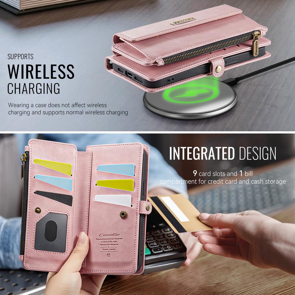 For iPhone 15 Case CASEME C39 RFID Blocking Zipper Wallet Stand Leather Cover with Strap
