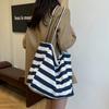 Korean Ins Literary Striped Canvas Bag Tote Bag Casual Large Capacity Shoulder Bag Lazy Wind Shopping Bag Big Bag