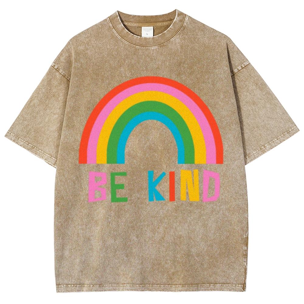 Be Kind Rainbow Print Women's T-Shirt Oversized Loose Wash Short Sleeve Unisex Fashion Design Casual Niche Top