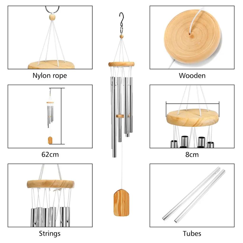 6 Metal Tubes Silver Wind Chimes for Outdoor Garden Yard Patio Home Decoration and Gift