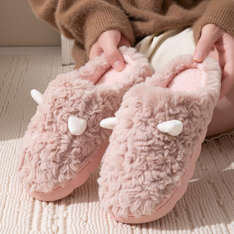 Winter cotton slippers cute ears couple home indoor warm shoes non-slip plush slippers