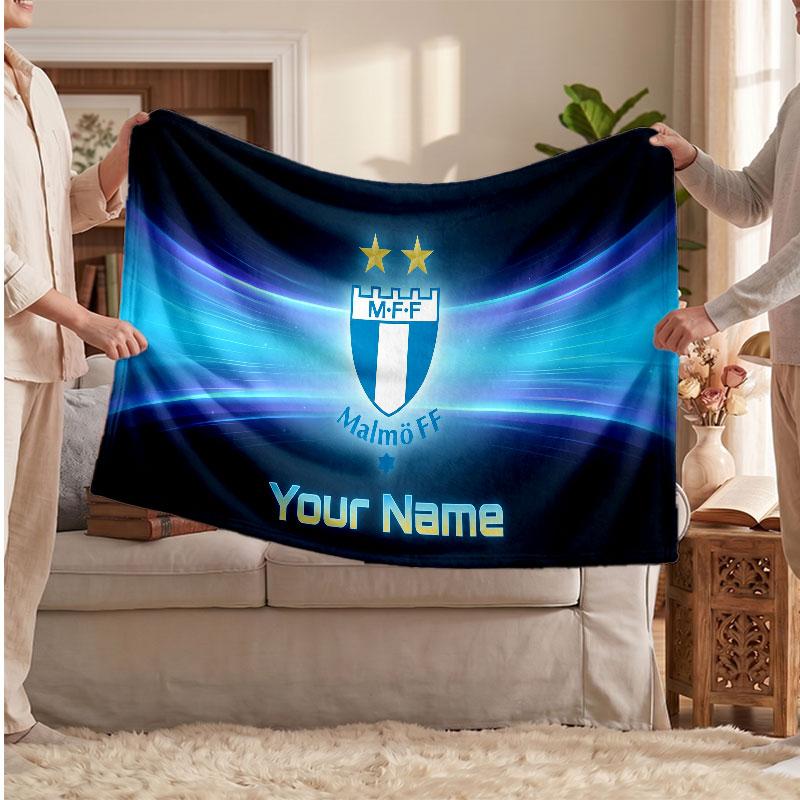 Malmö FF Personalized Fleece Blanket With Football Logo, Custom Name Text Soft Warm Home Throw Blanket