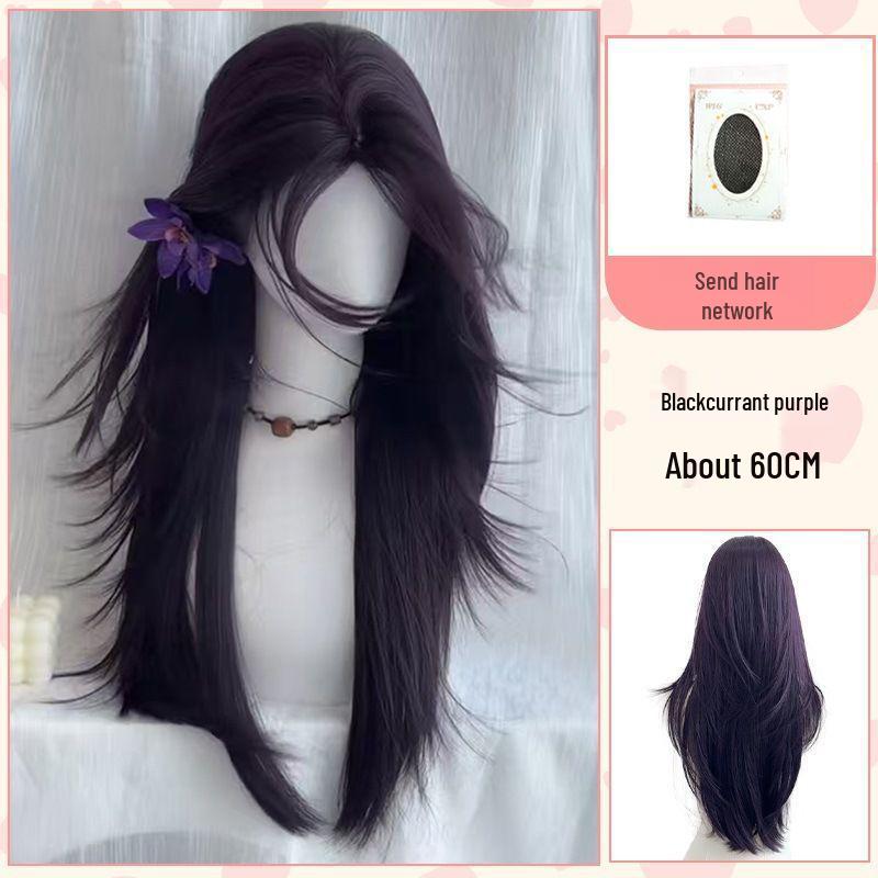 Natural-Looking Black Currant Purple Wig with Long Layers & Curtain Bangs for Women
