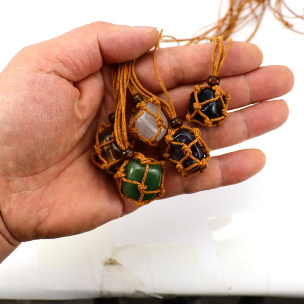 Hand-Woven Natural Stone Crystal Rough Stone Mesh Pocket Adjustable Necklace Pendant N707