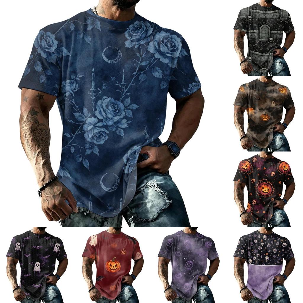 Men's Halloween Graphic Short Sleeve T Shirt Loose Fit Casual Summer Daily Top with Skull and Pumpkin Print for Everyday Wear
