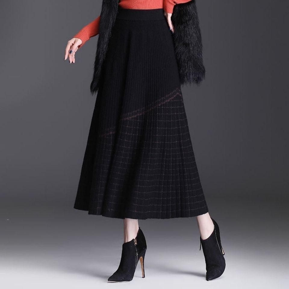 Women's Autumn Winter Midi Knitted Skirt Female Skirt High Waist Thicken Solid Slim A-line Skirt