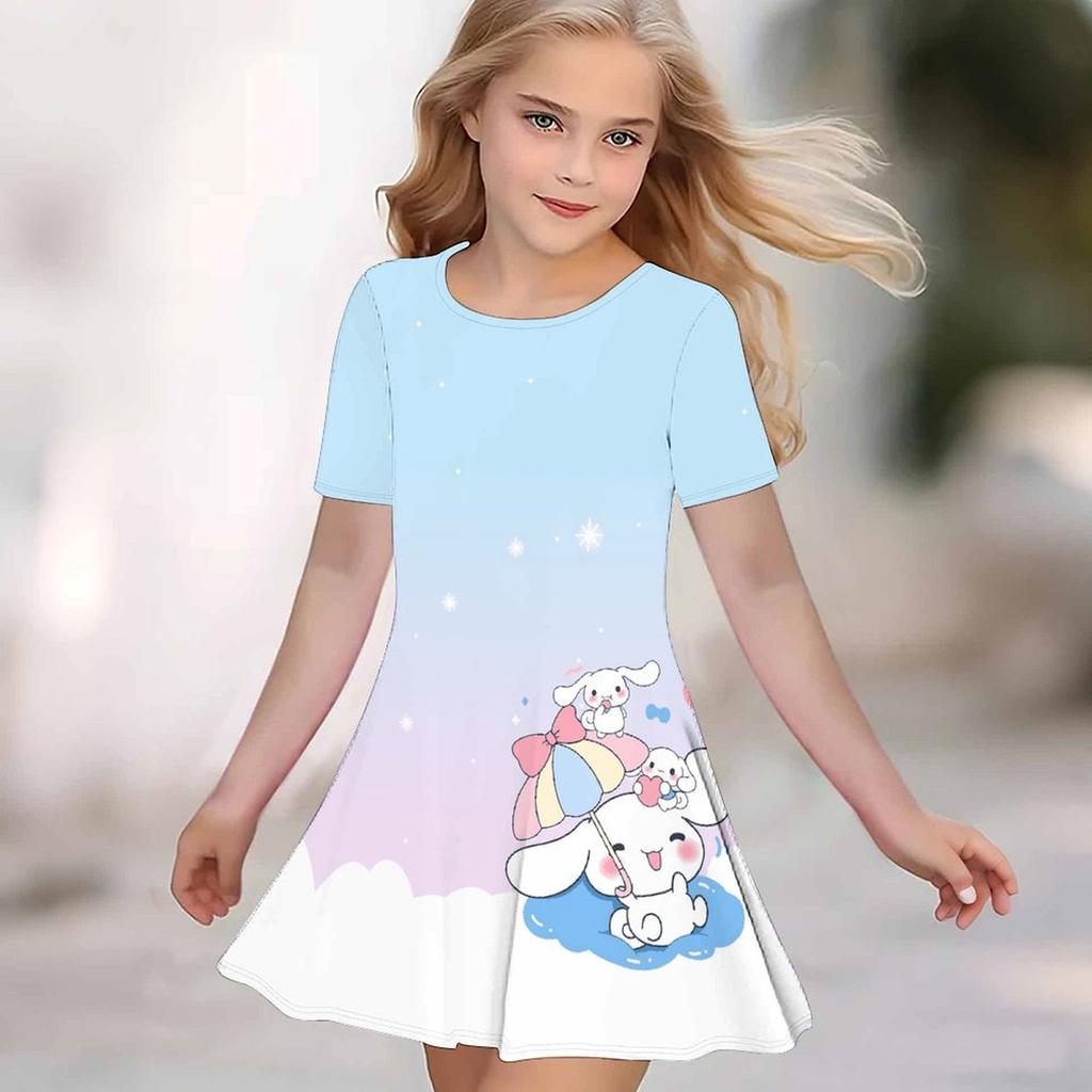 Girls 3D Print Dresses Kids Girl Party Short Sleeve Princess Dress Tank 3D  Cute Cartoon  Print Dress