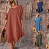 Spring/Summer Women's Vintage Cotton-Linen Blend Mid-Sleeve O-Neck Solid Color Loose-Fit Wide-Hem Dress