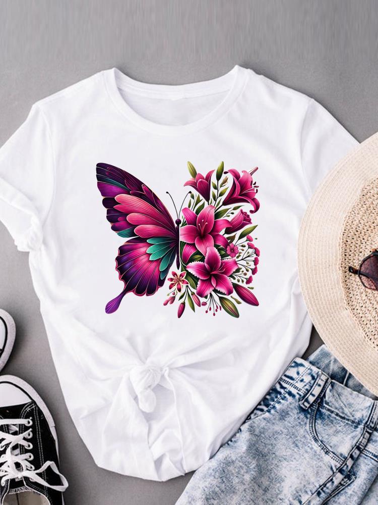 (Asian Size) flower sweet floral Women's Clothing Print Short Sleeve T-shirts Fashion Female Casual Top T O-neck Graphic Tee