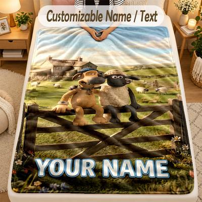 Flannel BlanketShaun the Sheep Custom Name Text Personalized Soft Warm Throw Blanket Home Decor Gift