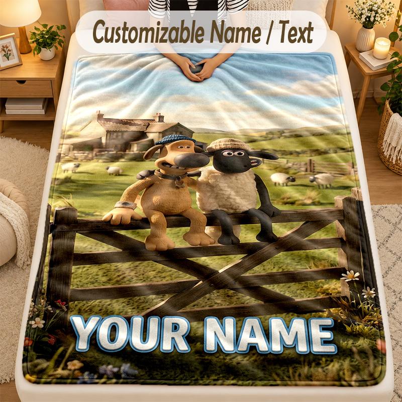 Flannel BlanketShaun the Sheep Custom Name Text Personalized Soft Warm Throw Blanket Home Decor Gift