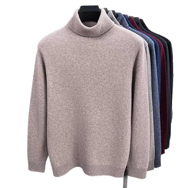 2025 Autumn/Winter Men's High Neck Lambswool Sweater, 100% Wool, Versatile Loose Pullover Base Layer