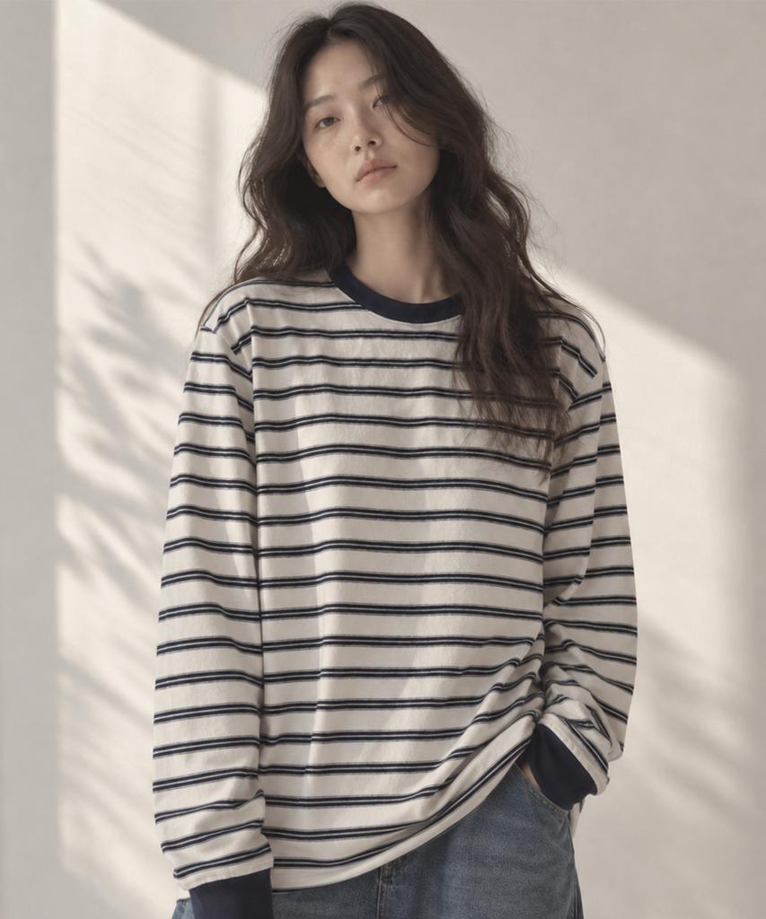 SAYUU Striped Biscuit Long Sleeve Tee Ivory
