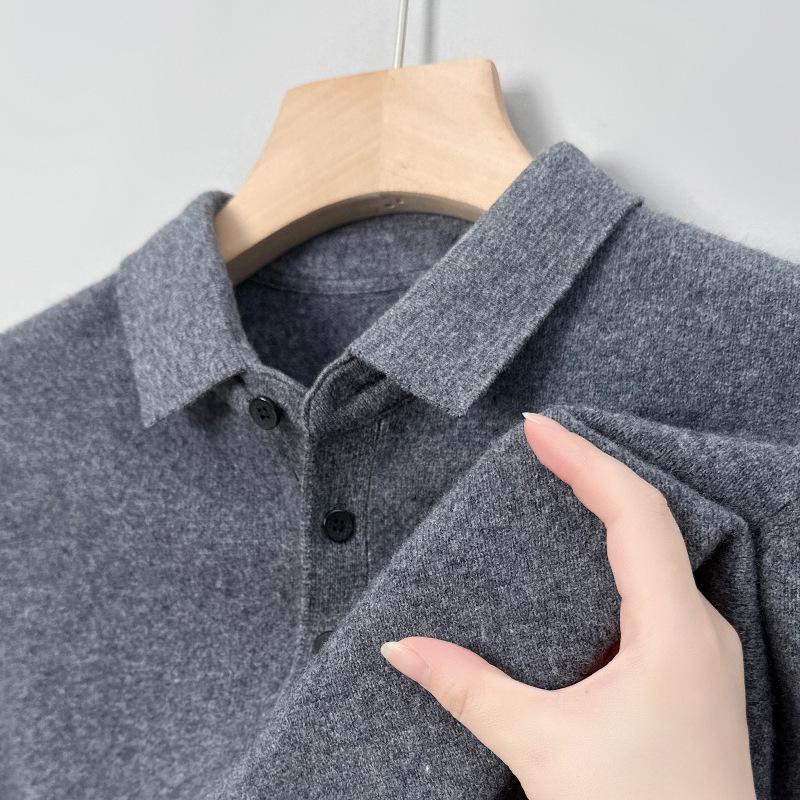 Men's 100% Pure Wool 9-Pin Lapel Sweater, 430g Thickened Base Layer for Middle-Aged Business Casual, Plain Knit.