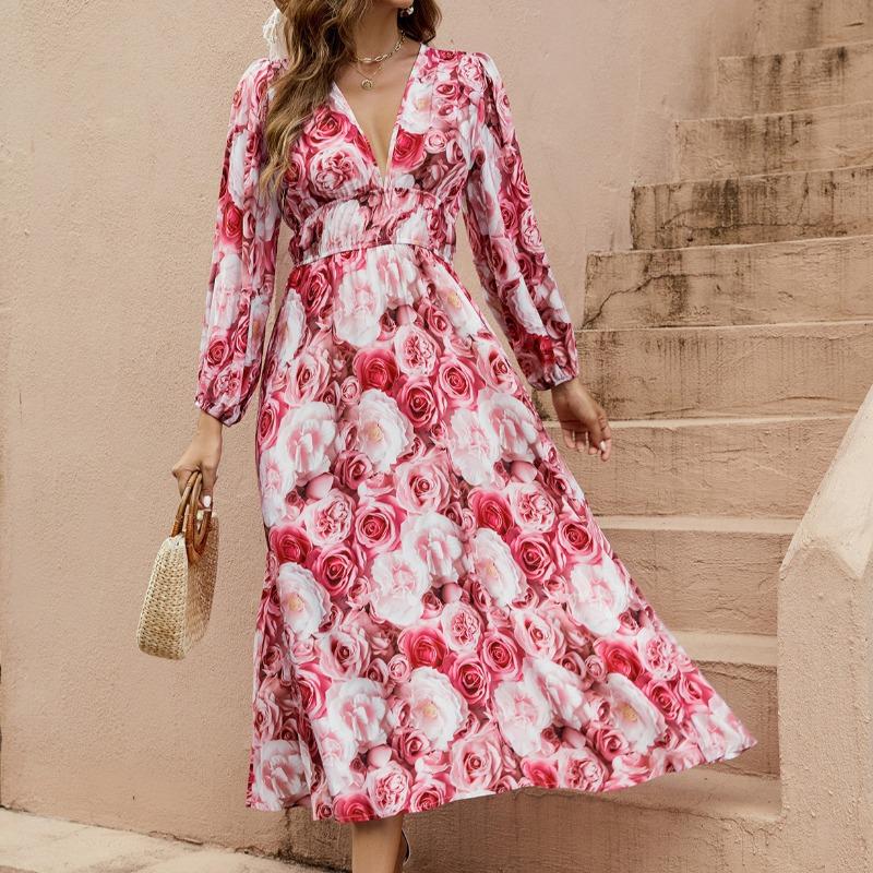 Women's V-neck Dress Autumn Deep V Waist Lantern Long-sleeved Dress