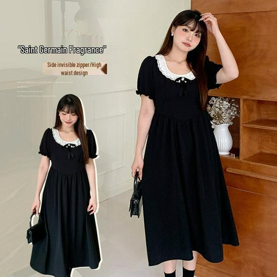 Chic Square Neck High Waist Plus Size Dress - 2025 Korean Summer Style, Tea Dress