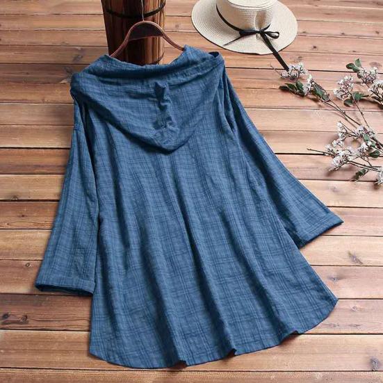 Women Top Loose Checked Long Sleeves Pullover Drawstring Dress Up Hooded A-line Plus Size Fall Shirt Female Clothes