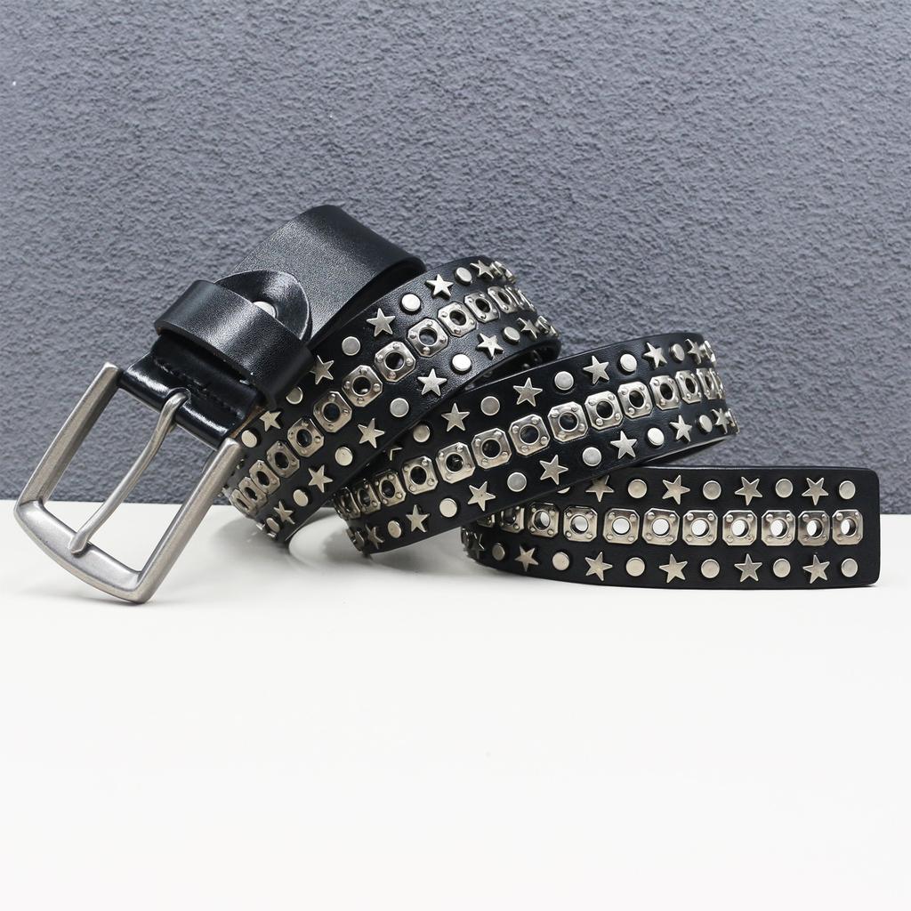 Full Body Corn Hole Rivet Belt Leather Star Hollow Belt Goth Heavy Industry American Belt