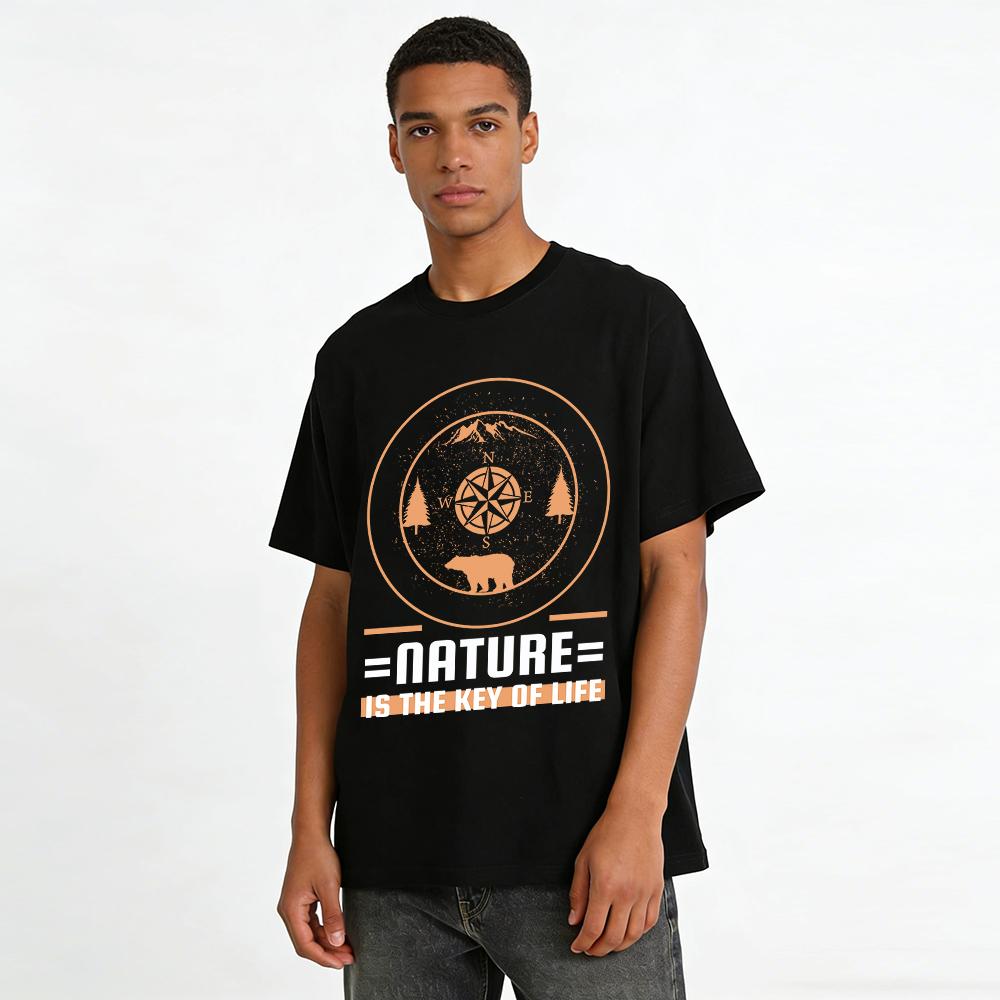 Nature Themed Compass Bear Print Outdoor Casual Breathable Tee Pure cotton T-shirt