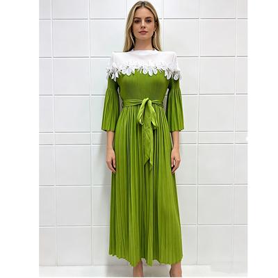 Miyake Pleated Lace-Panel Midi Dress Summer for Women 3/4 Sleeve Casual 3D Flower Appliques Print Vacation Midi Sundresss