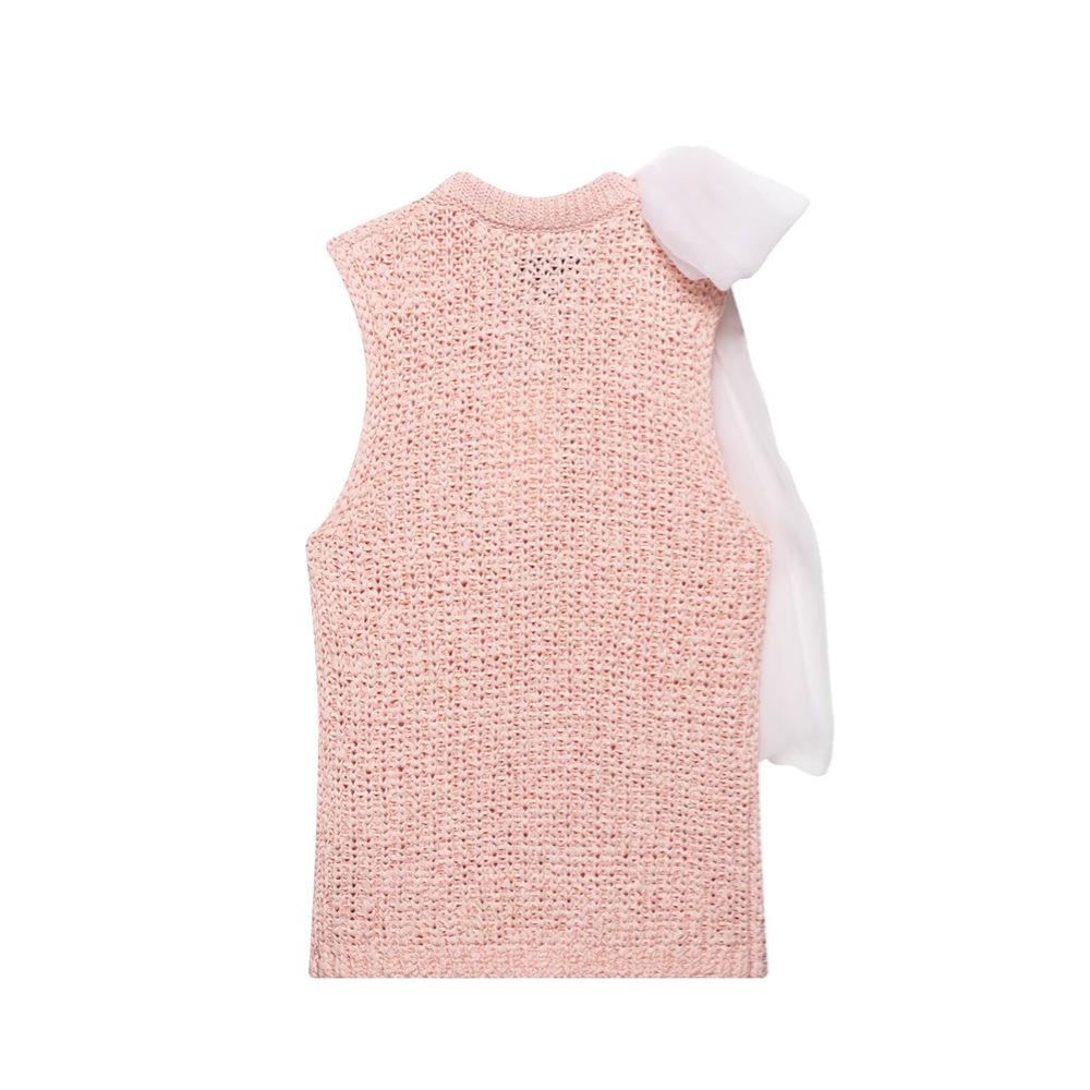 2025 Spring/Summer Women's Sleeveless Knitted Top with Transparent Yarn Bow Decoration
