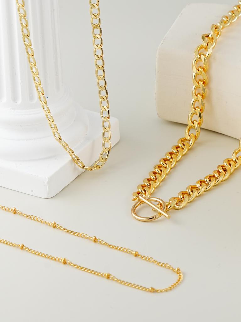 3pcs Retro Fashion Cuban Chain Geometric Chain Stacked Necklace, Daily Leisure Party Jewelry
