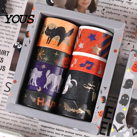 Pumpkin And Bat Washi Tape 8 Rolls Halloween Tape, Spooky Witch Cat Pattern Decorative Hot Stamping for Junk Journaling Supplies, Scrapbooking,