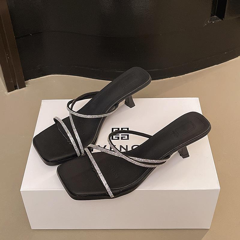 

Модные тапочки с открытым носком и квадратным каблуком, модные, универсальные, темпераментные, на высоком каблуке, со стразами 40 чёрный