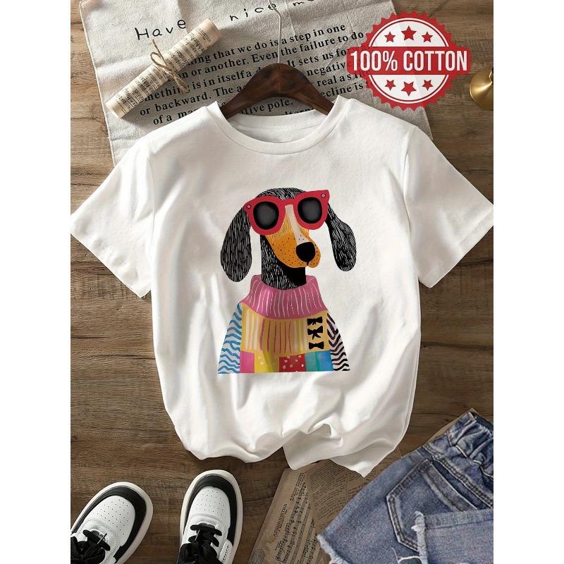 European sizes100 Pure Single Piece Casual Round Neck T-shirt with Dog Printing for Summer, Women's Clothing