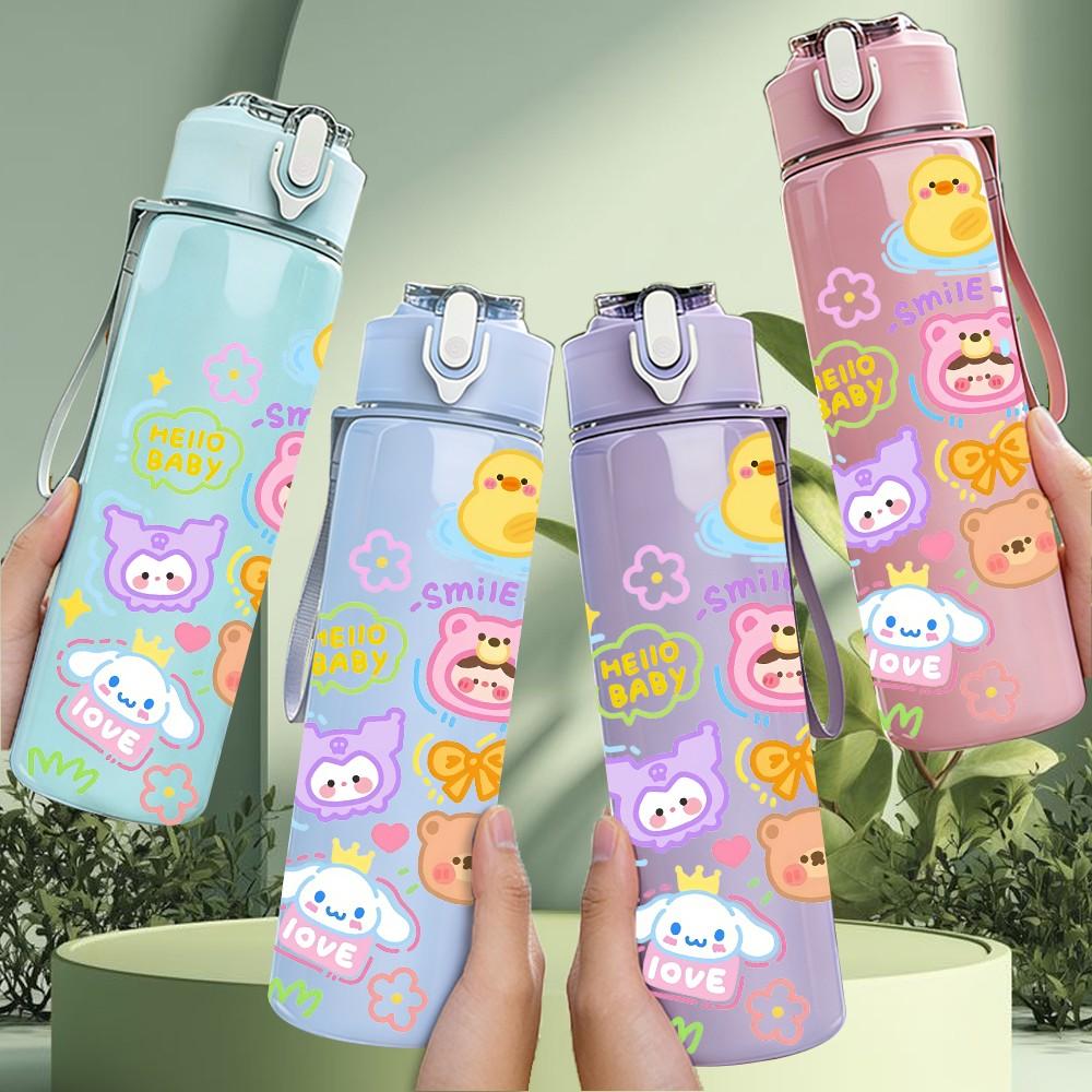 1PC Cute Mixed Cartoon Character Sticker Design 750ml Color Plastic Sports Water Bottle Leakproof Flip Straw Lid Suitable for Sports Office Home Use