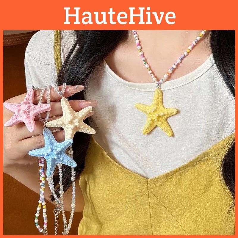 Sea Star Long Beaded Necklace With Alloy Pendant For Summer Beachwear Jewelry