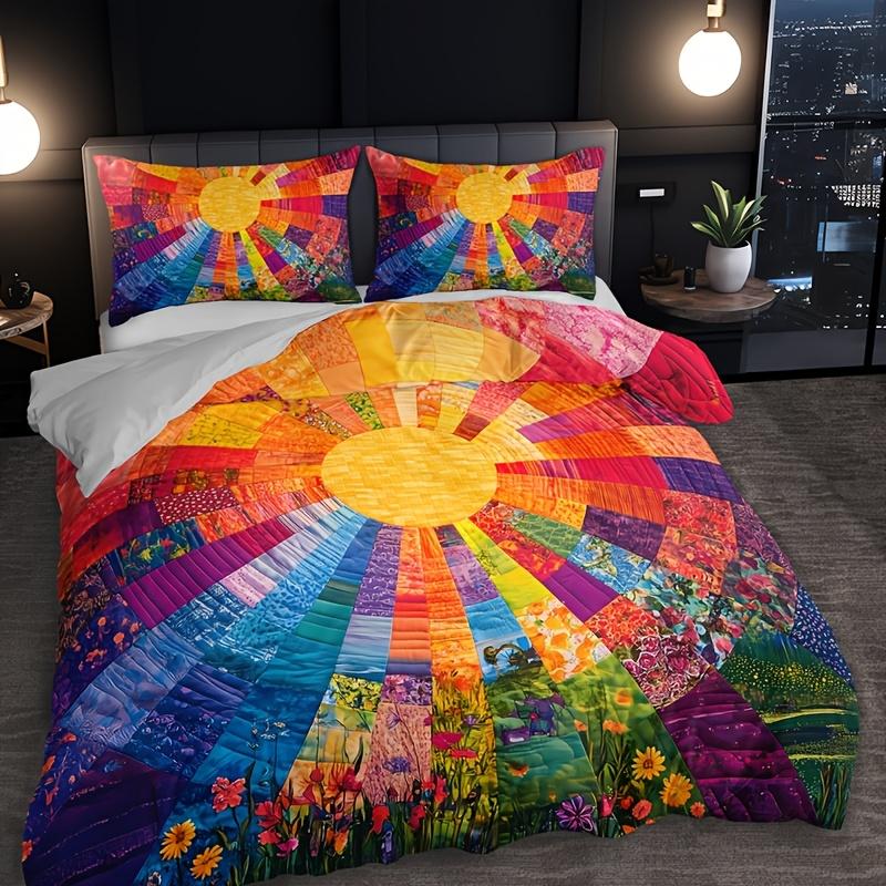 Champ de fleurs au lever du soleil arc-en-ciel Doux avec tissu doux Ensemble de housse de couette 1 Housse de couette douce + 2 taies d'oreiller Quatre saisons Maison Dortoir Impression haute définition