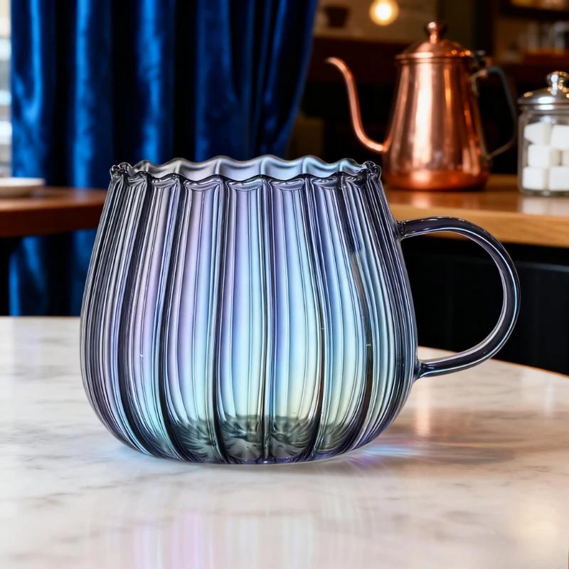 

400ml High Borosilicate Glass Cups Creative Striped Mug Pumpkin Cup Breakfast Milk Glass Water Cup Teacup Home Office 400ML
