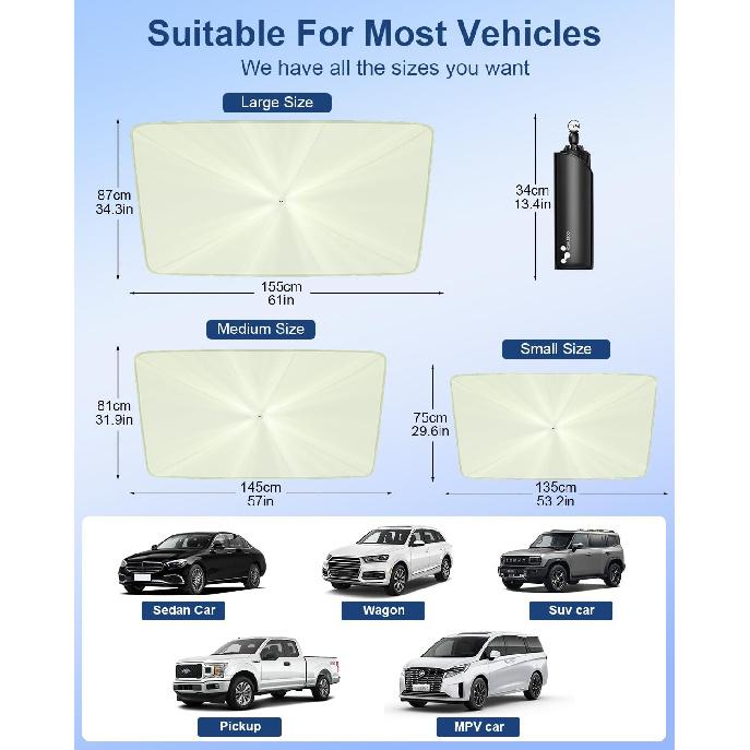 Helloleiboo [2025 Upgraded] Car Windshield Sun Shade Umbrella 61"X 34" Windshield Sun Shade Foldable 5-Layer Thickened Vinyl Coating Reflective