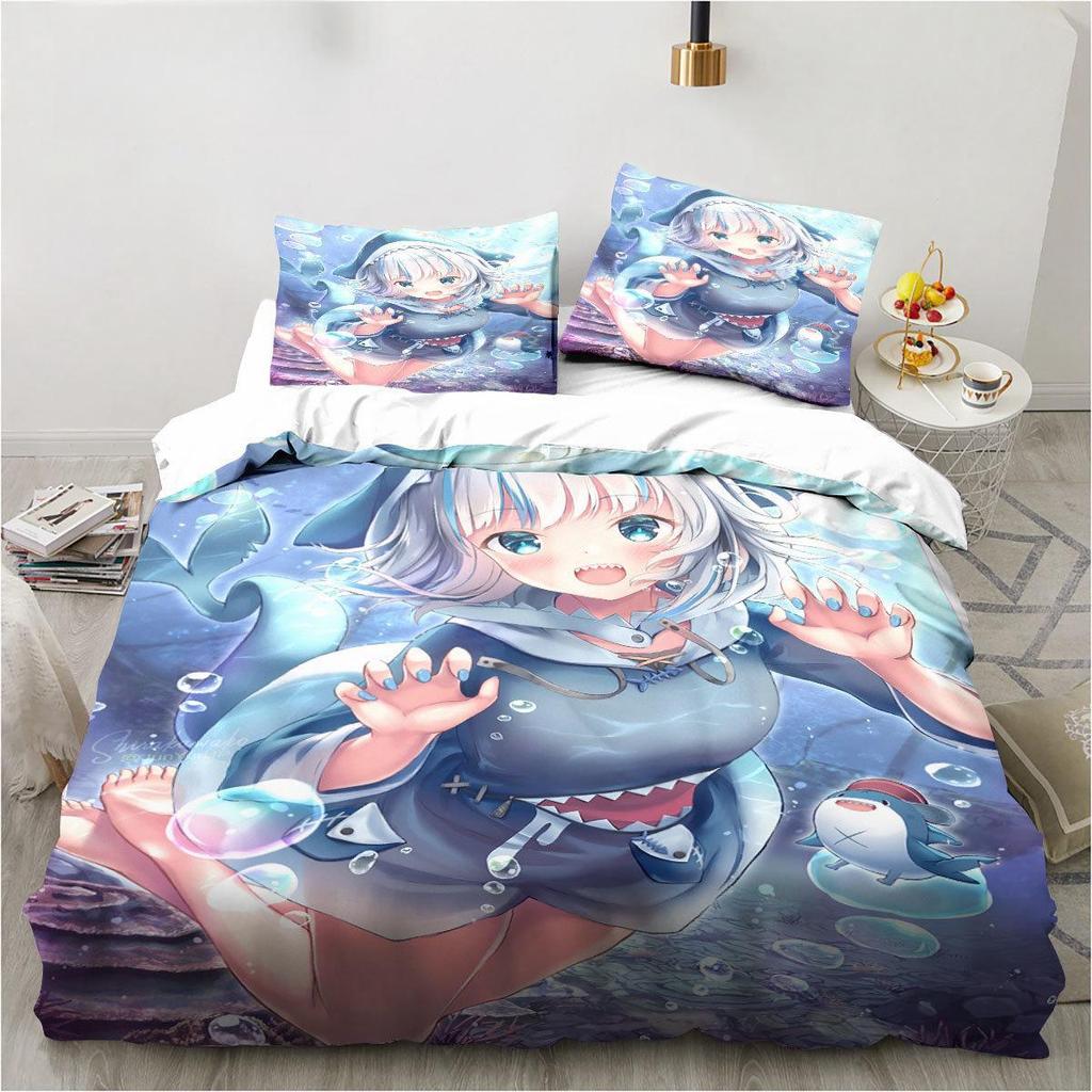 Kawaii Gawr Gura Söt Tjej Min Vinkel Kung Tvilling Dubbel Barnsängkläder Mikrofiber Eller Polyester 3D-tryck Anime Påslakan Set